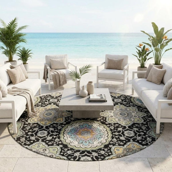 8 Foot Round Floral Medallion Polyester Rug Washable for Indoor Outdoor Spaces