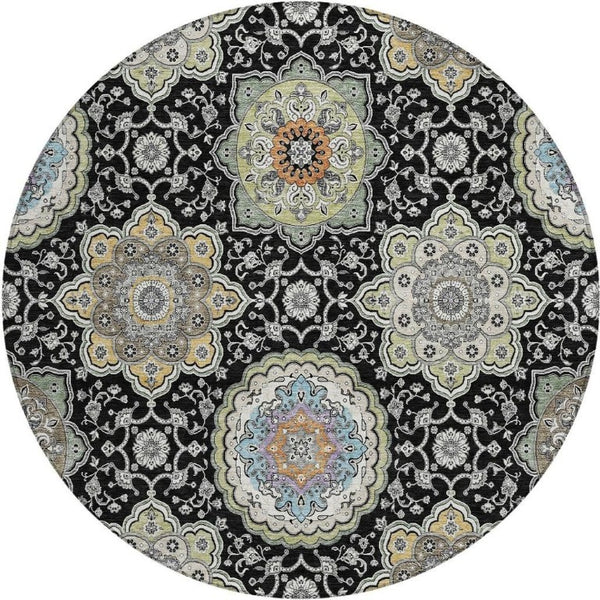 HomeRoots 8 Foot Round Floral Medallion Polyester Rug Washable for Indoor Outdoor Spaces 735762