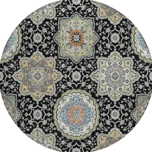 8 Foot Round Floral Medallion Polyester Rug Washable for Indoor Outdoor Spaces
