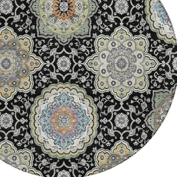 8 Foot Round Floral Medallion Polyester Rug Washable for Indoor Outdoor Spaces