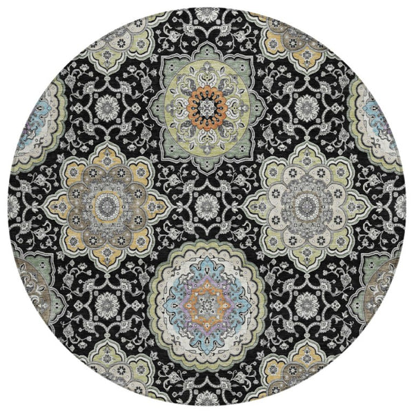 8 Foot Round Floral Medallion Polyester Rug Washable for Indoor Outdoor Spaces