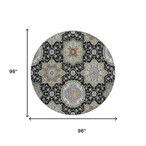 8 Foot Round Floral Medallion Polyester Rug Washable for Indoor Outdoor Spaces