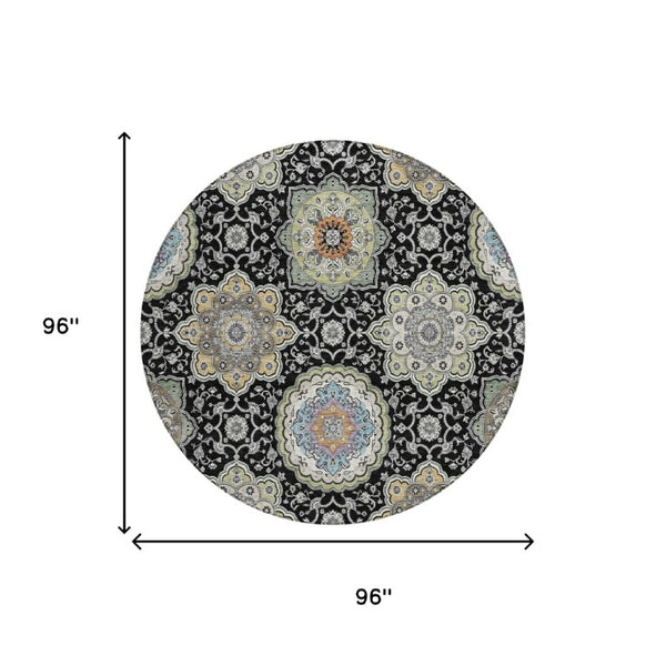 8 Foot Round Floral Medallion Polyester Rug Washable for Indoor Outdoor Spaces