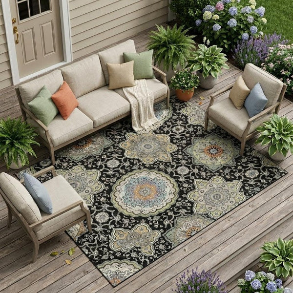 9x12 Floral Medallion Polyester Area Rug Washable for Indoor Outdoor Living