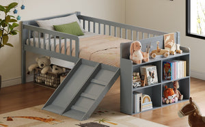 English Elm Twin Platform Kids Bed with Slide Ladder Guardrails Storage Shelf Wood Frame Gray N733S415411E