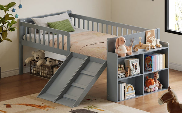 English Elm Twin Platform Kids Bed with Slide Ladder Guardrails Storage Shelf Wood Frame Gray N733S415411E