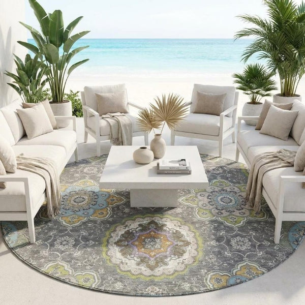 8 Foot Round Medallion Polyester Area Rug Washable Stain Resistant Patio Decor