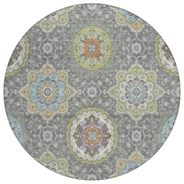 HomeRoots 8 Foot Round Medallion Polyester Area Rug Washable Stain Resistant Patio Decor 735774