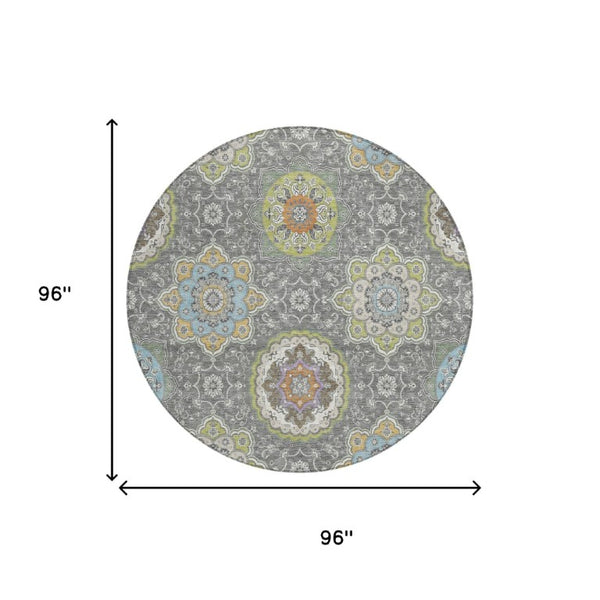 8 Foot Round Medallion Polyester Area Rug Washable Stain Resistant Patio Decor