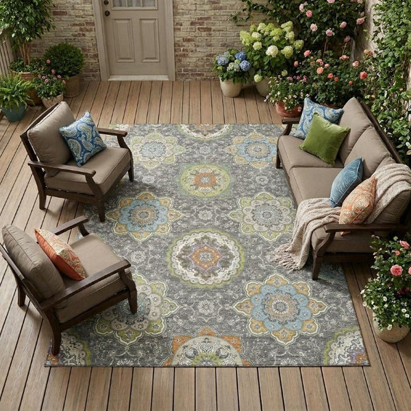 10 X 14 Floral Medallion Polyester Area Rug Washable Indoor Outdoor Patio
