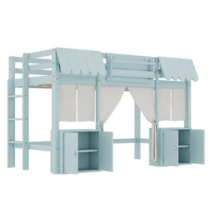 English Elm Twin Loft Bed Cottage-Style Playhouse with Built-In Bookshelf, Curtain & Storage, Safe Guardrails Light Blue W1580S00357