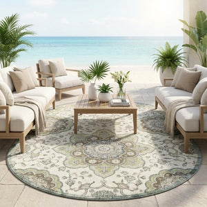 8 Foot Round Medallion Floral Polyester Rug Washable for Indoor Outdoor Spaces