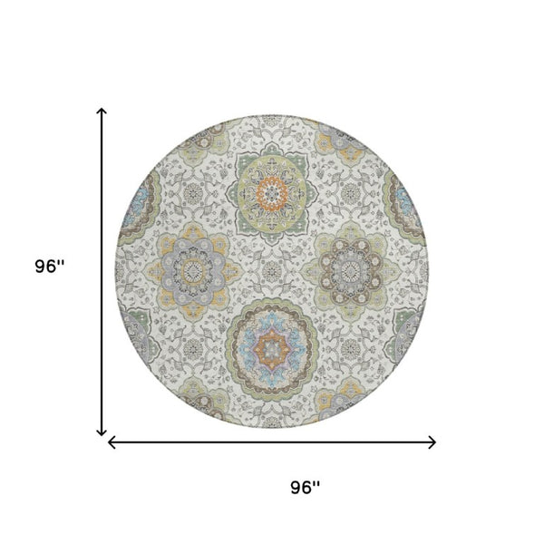 8 Foot Round Medallion Floral Polyester Rug Washable for Indoor Outdoor Spaces
