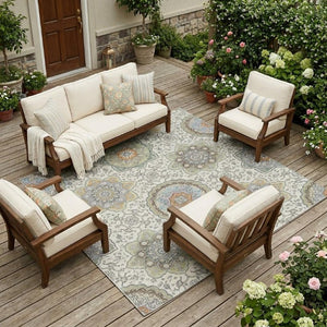 8 X 10 Ivory Khaki Floral Medallion Polyester Rug Washable for Indoor Outdoor Use