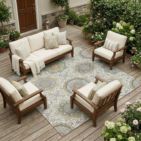 8 X 10 Ivory Khaki Floral Medallion Polyester Rug Washable for Indoor Outdoor Use