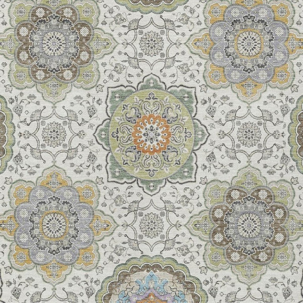 8 X 10 Ivory Khaki Floral Medallion Polyester Rug Washable for Indoor Outdoor Use