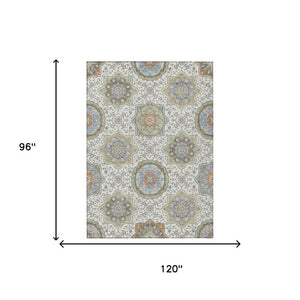 8 X 10 Ivory Khaki Floral Medallion Polyester Rug Washable for Indoor Outdoor Use