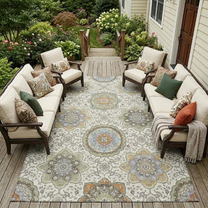 9 X 12 Floral Medallion Washable Polyester Area Rug for Patio Porch or Living Room