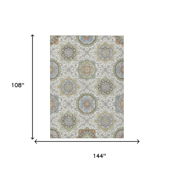 9 X 12 Floral Medallion Washable Polyester Area Rug for Patio Porch or Living Room