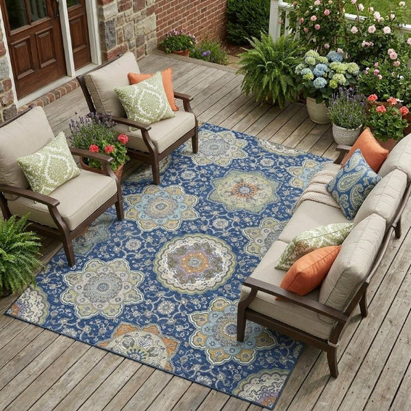 8 X 10 Floral Medallion Polyester Area Rug Washable for Indoor Outdoor Use