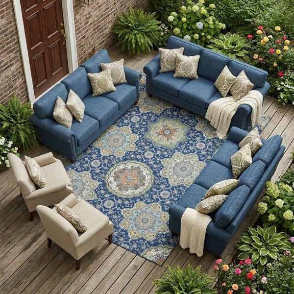 10 Ft Washable Polyester Area Rug with Medallion Pattern for Patio or Living Room
