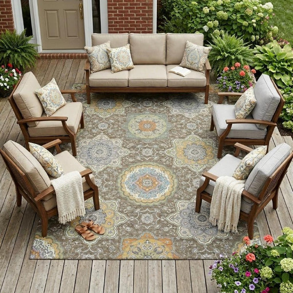 8 X 10 Taupe Ivory Medallion Floral Polyester Washable Indoor Outdoor Area Rug