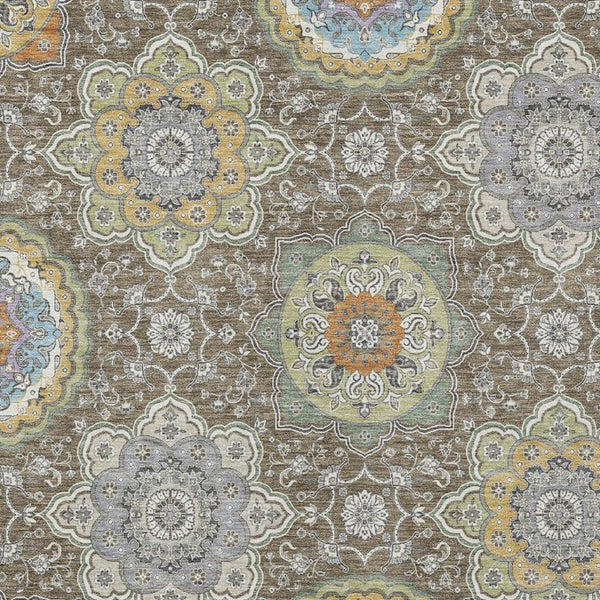 8 X 10 Taupe Ivory Medallion Floral Polyester Washable Indoor Outdoor Area Rug