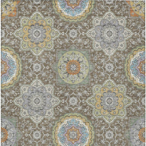 8 X 10 Taupe Ivory Medallion Floral Polyester Washable Indoor Outdoor Area Rug
