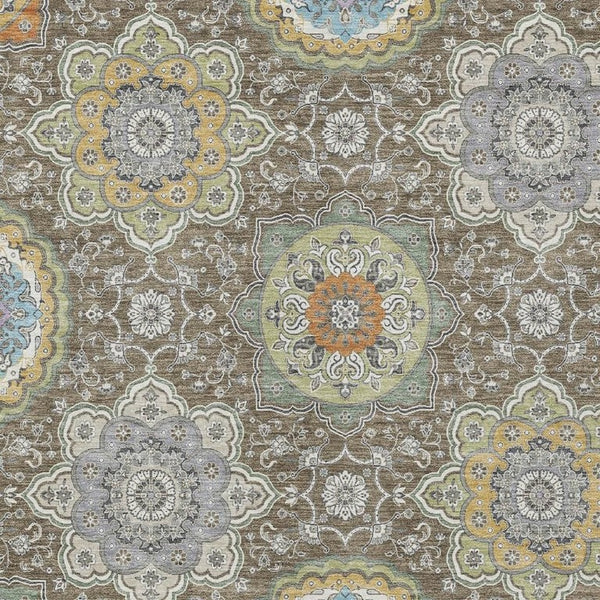 8 X 10 Taupe Ivory Medallion Floral Polyester Washable Indoor Outdoor Area Rug