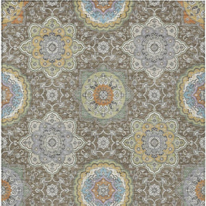 8 X 10 Taupe Ivory Medallion Floral Polyester Washable Indoor Outdoor Area Rug