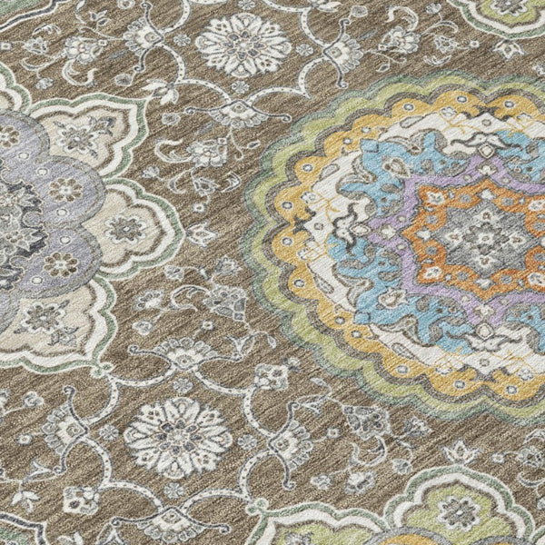 8 X 10 Taupe Ivory Medallion Floral Polyester Washable Indoor Outdoor Area Rug