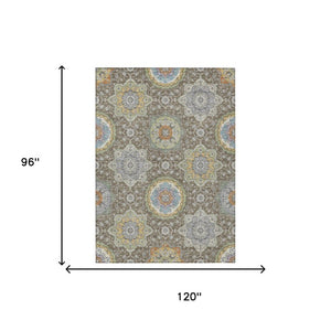 8 X 10 Taupe Ivory Medallion Floral Polyester Washable Indoor Outdoor Area Rug