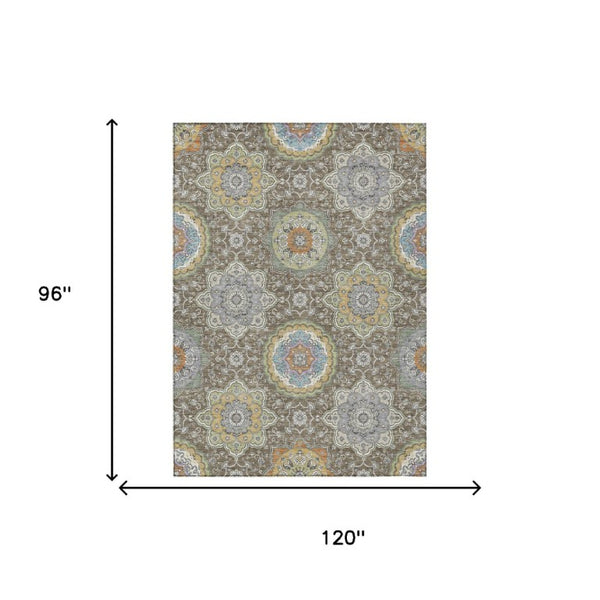 8 X 10 Taupe Ivory Medallion Floral Polyester Washable Indoor Outdoor Area Rug