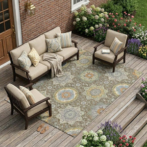 9 X 12 Taupe Ivory Floral Medallion Polyester Washable Area Rug for Patio or Living Room
