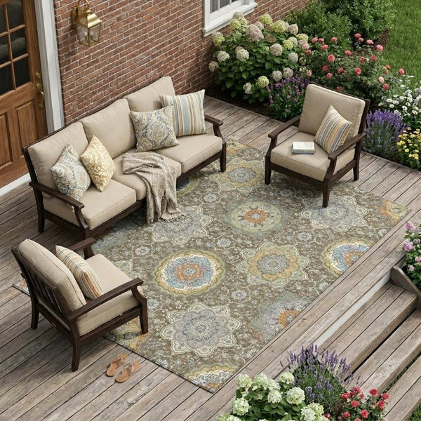 9 X 12 Taupe Ivory Floral Medallion Polyester Washable Area Rug for Patio or Living Room