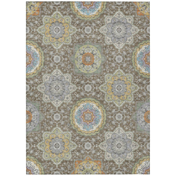 HomeRoots 9 X 12 Taupe Ivory Floral Medallion Polyester Washable Area Rug for Patio or Living Room 735794