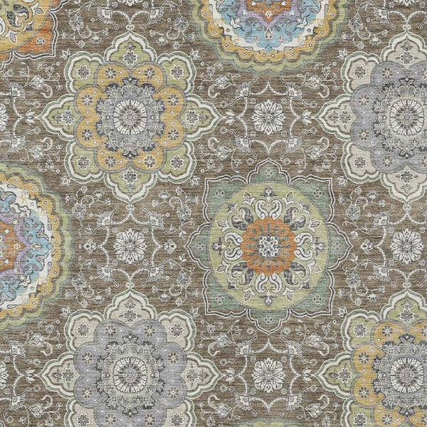 9 X 12 Taupe Ivory Floral Medallion Polyester Washable Area Rug for Patio or Living Room