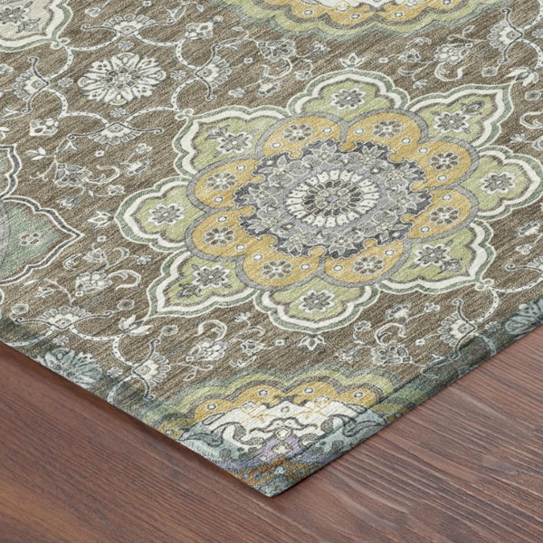 9 X 12 Taupe Ivory Floral Medallion Polyester Washable Area Rug for Patio or Living Room