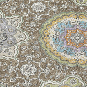 9 X 12 Taupe Ivory Floral Medallion Polyester Washable Area Rug for Patio or Living Room