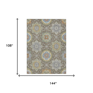 9 X 12 Taupe Ivory Floral Medallion Polyester Washable Area Rug for Patio or Living Room