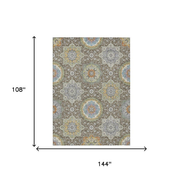 9 X 12 Taupe Ivory Floral Medallion Polyester Washable Area Rug for Patio or Living Room