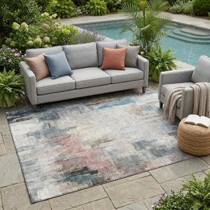5x8 Ivory Gray Abstract Polyester Area Rug Washable Stain Resistant Indoor Outdoor
