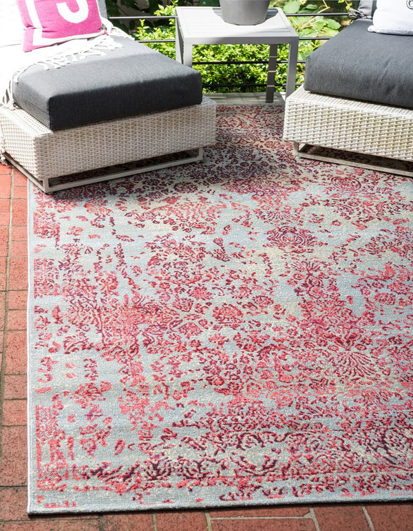 Unique Loom Outdoor Modern Vintage Machine Made Abstract Rug Light Blue, Red/Gray/Beige 10' 0" x 12' 2"
