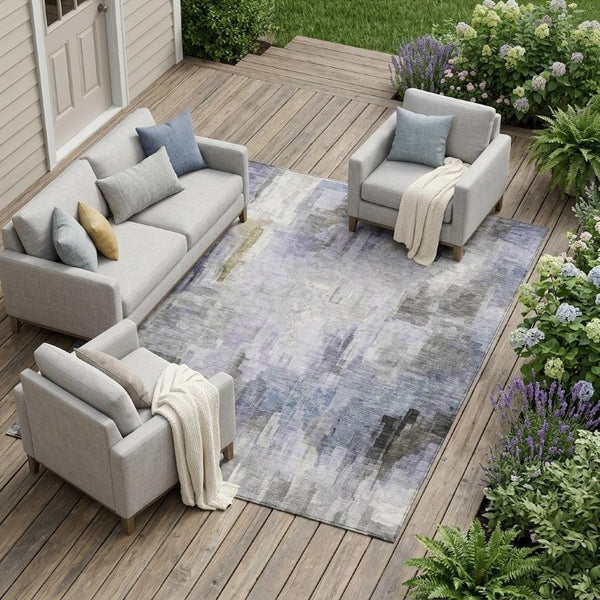 9 X 12 Abstract Lavender Gray Polyester Area Rug Washable for Patio or Living Room
