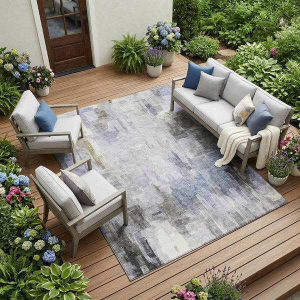 10 X 14 Abstract Lavender Gray Polyester Washable Rug for Indoor Outdoor Use