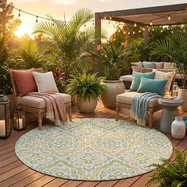 8 Foot Round Tribal Geometric Polyester Rug Washable for Patio or Family Room