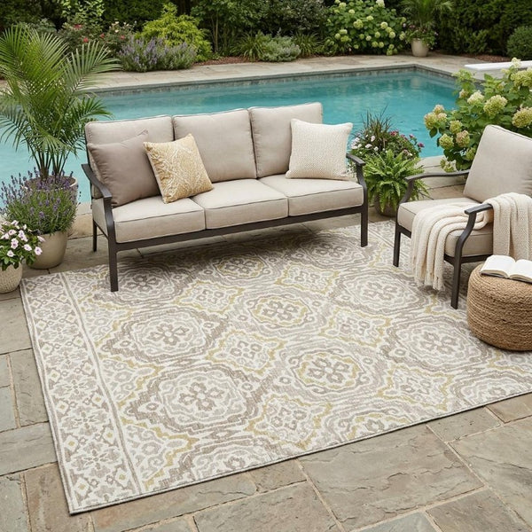 5 X 8 Ivory Denim Blue Tribal Polyester Area Rug Stain Resistant for Patio