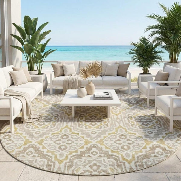 8 Ft Round Tribal Geometric Polyester Area Rug Ivory Denim Washable Indoor Outdoor