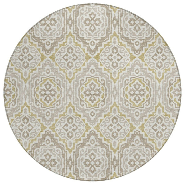 HomeRoots 8 Ft Round Tribal Geometric Polyester Area Rug Ivory Denim Washable Indoor Outdoor 735840