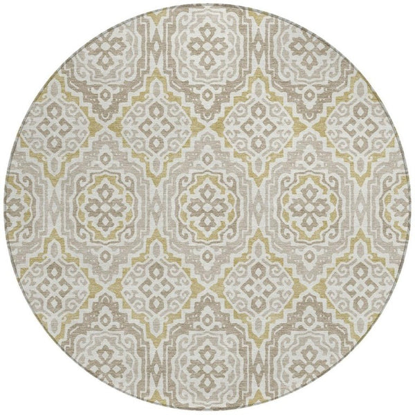 8 Ft Round Tribal Geometric Polyester Area Rug Ivory Denim Washable Indoor Outdoor